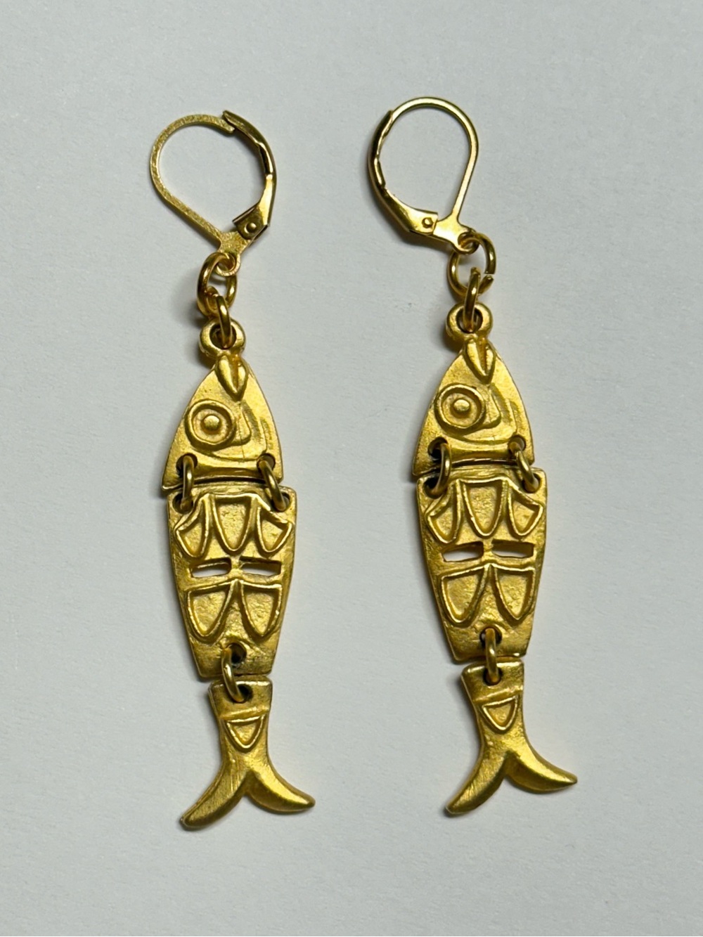 Fish Dangle Pierced Earrings Gold Tone Textured 2.5” Long